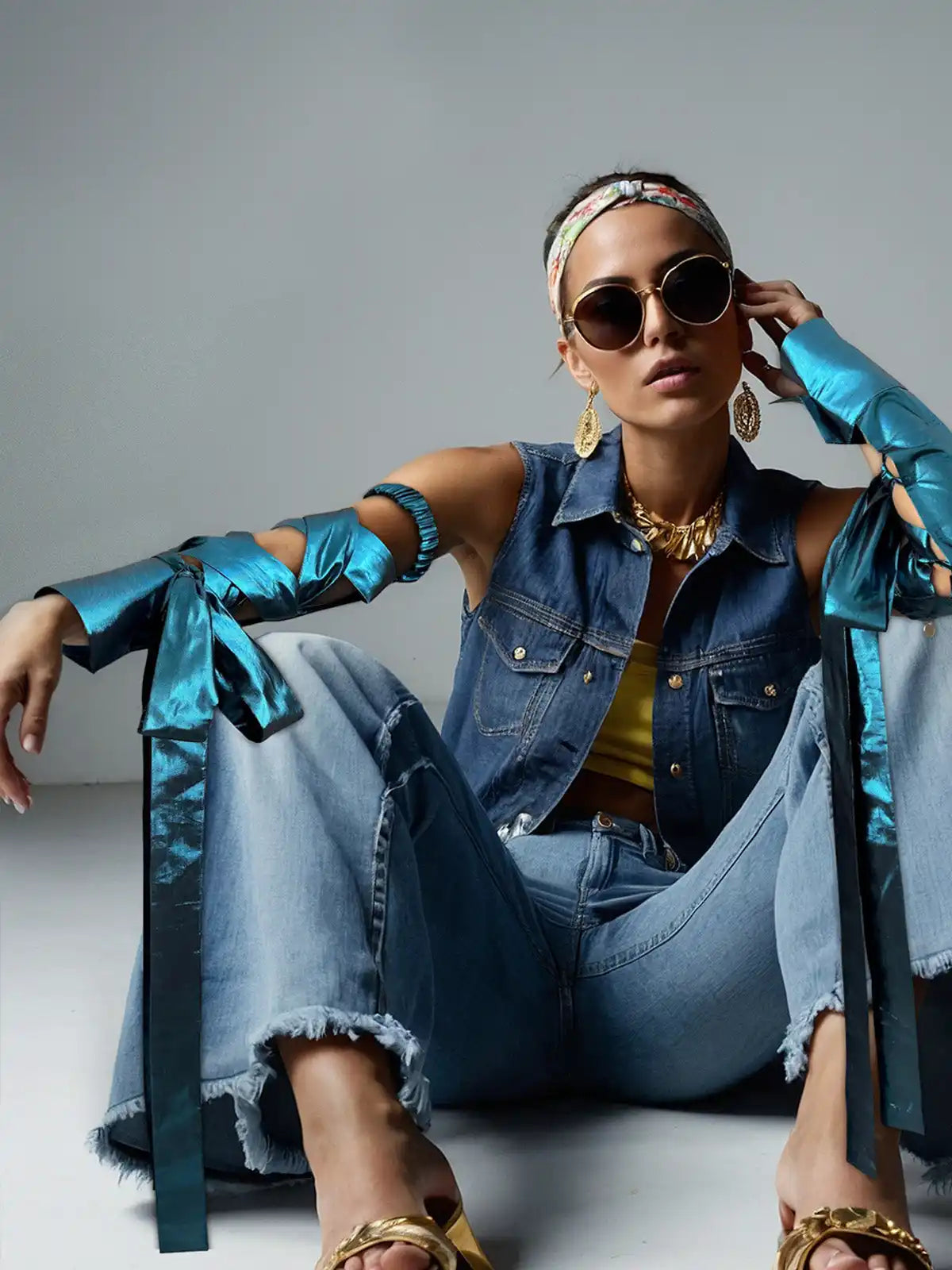 A fashion model wearing denim, metallic blue accessories, sunglasses and animal print shoes in a casual pose.
