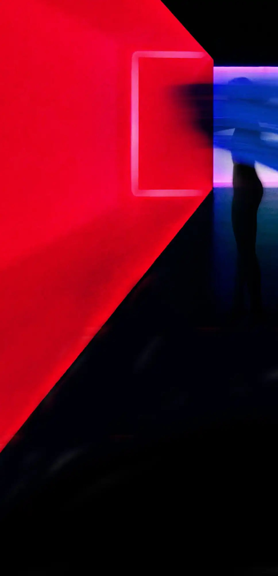 Glowing neon geometric shapes in red and blue colors.