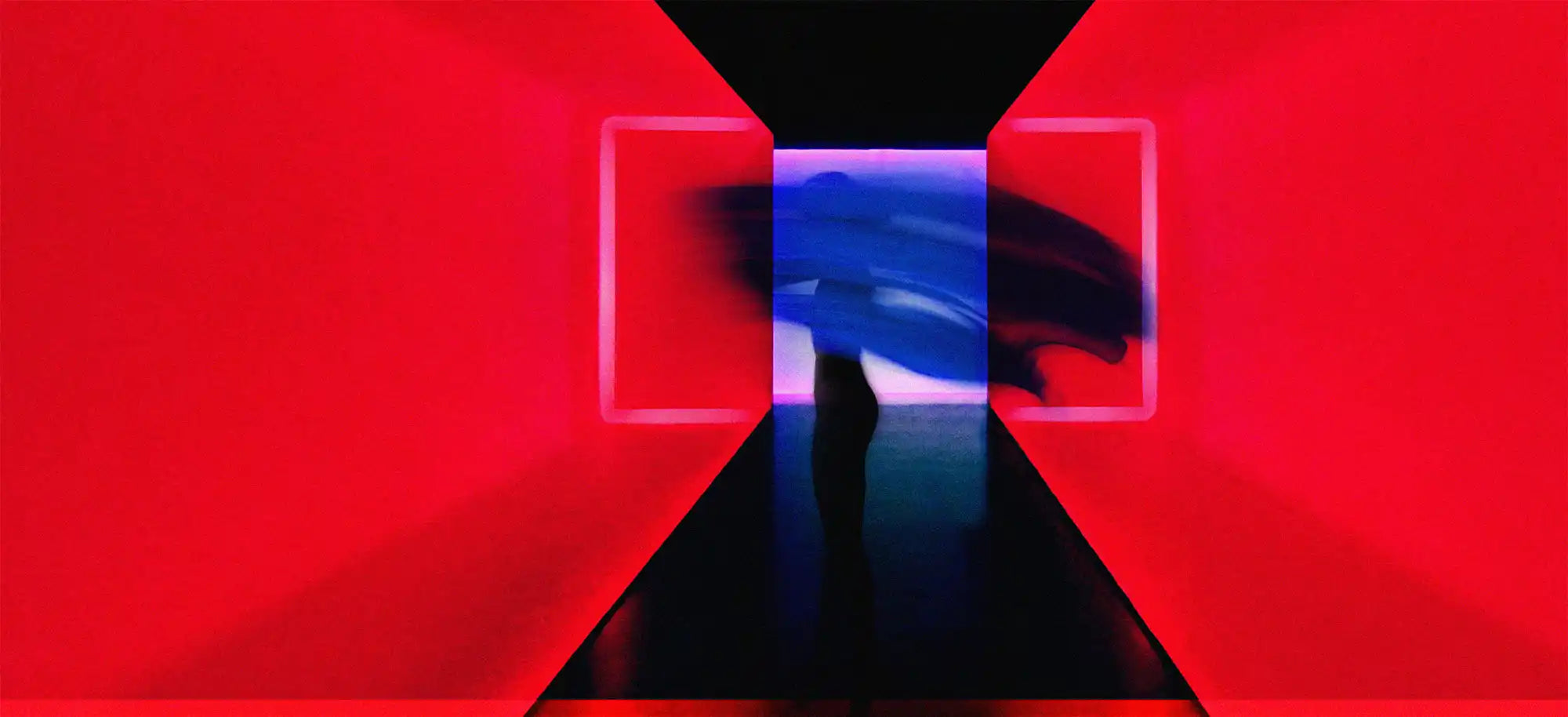 Glowing neon pink bow tie shape with blue lighting in its center.