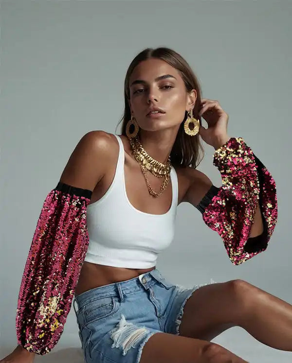 Pink sequined off-shoulder sleeves paired with a white crop top and denim shorts.